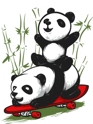 Hai chú gấu trúc dễ thương trượt ván đỏ trên nền xám có hình ảnh tre trúc