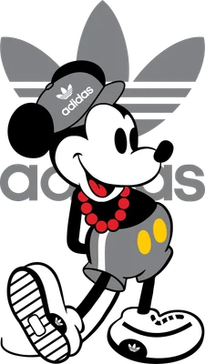 Hình ảnh Mickey Mouse đeo mũ và vòng cổ phong cách Adidas, nền xám