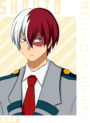 Hình vẽ nhân vật Shoto Todoroki trong anime My Hero Academia, tóc hai màu đỏ trắng, mặc đồng phục.