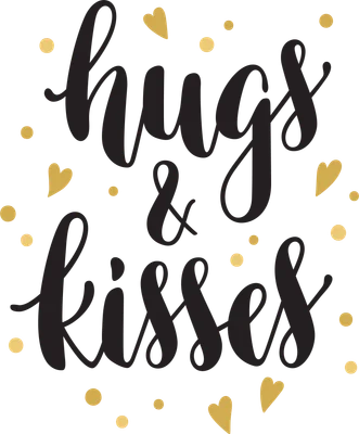 Chữ "Hugs & Kisses" viết tay màu đen trên nền xám, điểm xuyết các chấm tròn và trái tim màu vàng.
