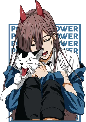 Hình ảnh cô gái anime với mái tóc nâu dài, đôi sừng đỏ, đang ôm một chú mèo trắng đen đang ngáp.