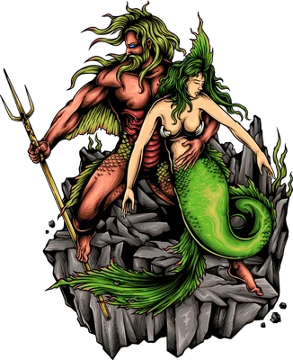 Hình minh họa thần biển Poseidon cầm đinh ba ôm nàng tiên cá trên mỏm đá, phong cách nghệ thuật chi tiết
