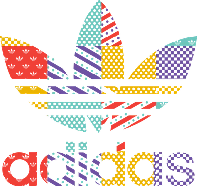 Logo Adidas Trefoil với các mảng màu và họa tiết pop-art đa dạng, bao gồm chấm bi, sọc và caro.