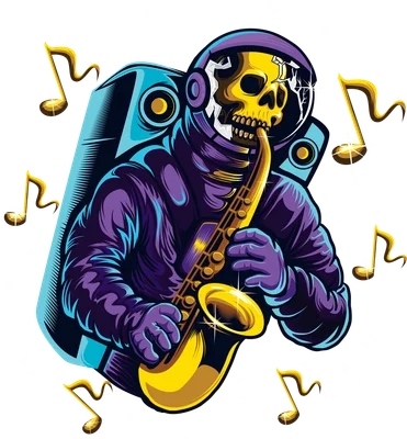 Hình minh họa phi hành gia đầu lâu đang chơi kèn saxophone giữa không gian với các nốt nhạc vàng