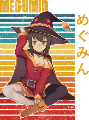 Hình ảnh cô gái anime Megumin đội mũ phù thủy, mặc trang phục đỏ đen, ngồi trên nền sọc ngang màu retro.