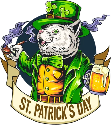 Hình minh họa mèo mặc đồ leprechaun cầm ly bia và tẩu thuốc mừng ngày lễ St. Patrick