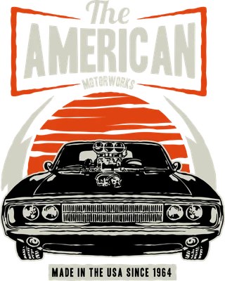 Hình minh họa xe cơ bắp Mỹ cổ điển màu đen với động cơ siêu nạp, nền xám, chữ The American Motorworks và Made in USA Since 1964.