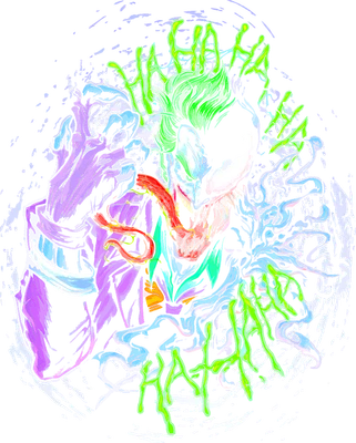 Hình ảnh Joker kết hợp với Venom, biểu cảm điên loạn, có chữ "HA HA HA" màu xanh lá.