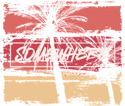 Hình ảnh phong cảnh nhiệt đới với cây cọ và chữ "Somewhere" được thiết kế theo phong cách grunge.