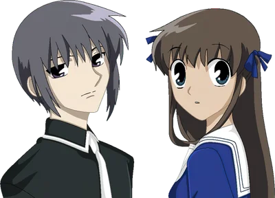 Hình ảnh anime Tohru Honda và Kyo Sohma từ Fruits Basket trên nền xám.