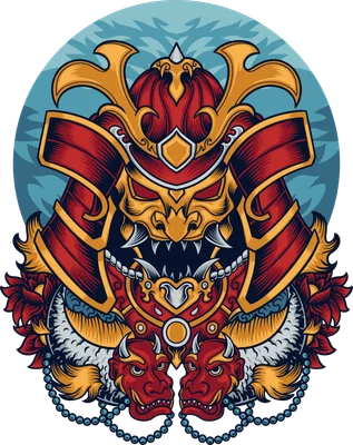 Hình minh họa chiến binh Samurai đội mũ giáp với mặt nạ quỷ Oni và hoa văn Nhật Bản