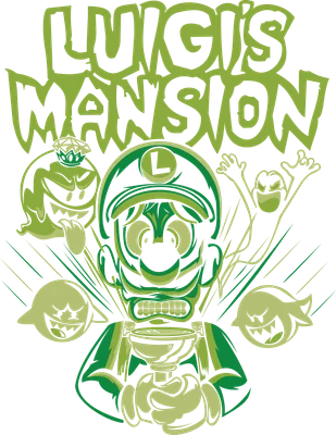 Hình ảnh Luigi's Mansion với Luigi cầm cúp và các bóng ma xung quanh, màu xanh lá chủ đạo.