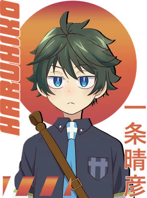 Hình vẽ anime chàng trai với mái tóc xanh lá cây, đôi mắt xanh dương to tròn, đeo cà vạt xanh và túi đeo chéo.