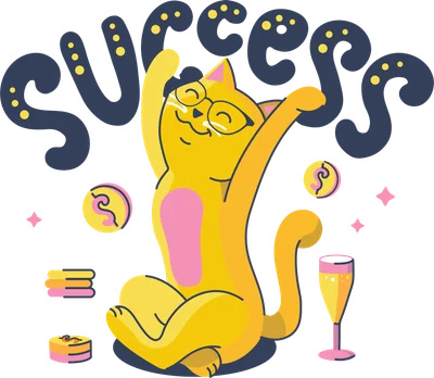 Hình ảnh minh họa mèo vàng đeo kính, giơ tay ăn mừng bên cạnh ly champagne và đồng xu, chữ 'success' phía trên.