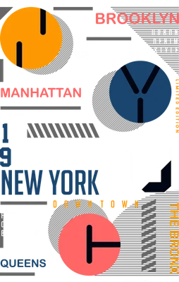 Thiết kế đồ họa typography với các tên quận của New York City như Manhattan, Brooklyn, Queens, Staten Island, The Bronx, cùng các từ khóa đô thị trên nền xám.
