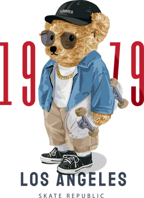 Hình ảnh gấu Teddy đội mũ, đeo kính râm, mặc áo khoác xanh, quần be, cầm ván trượt, với chữ '1979' và 'LOS ANGELES' trên nền xám.