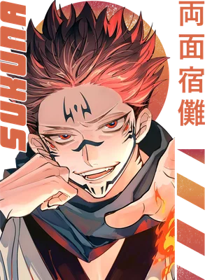 Ryomen Sukuna từ Jujutsu Kaisen với nụ cười tà ác, tóc đỏ rực, hình xăm trên mặt.