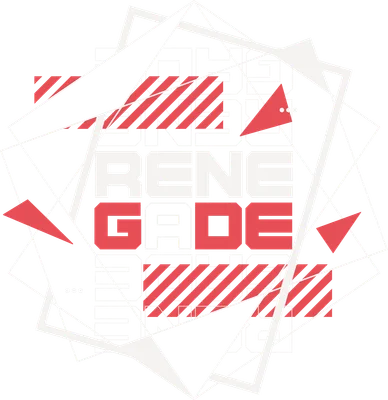 Logo 'RENEGADE' với thiết kế geometric, màu trắng và đỏ trên nền xám.