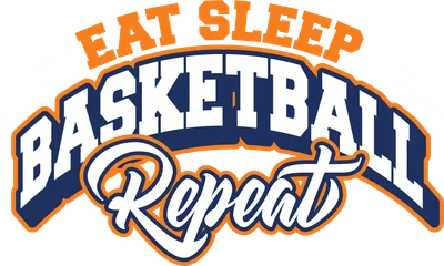 Hình in chữ Eat Sleep Basketball Repeat với phông chữ đậm màu cam, xanh đậm và trắng, thể hiện niềm đam mê bóng rổ.