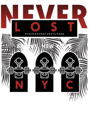 Hình in đồ họa Never Lost với ván trượt và phong cách đường phố New York
