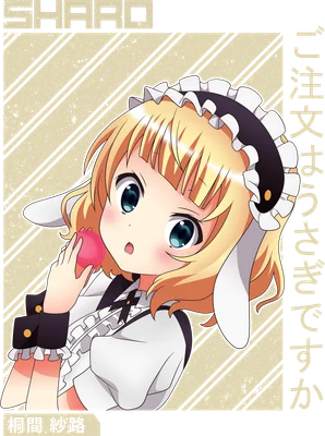 Hình ảnh cô gái anime tóc vàng, mắt xanh, đeo băng đô tai thỏ, mặc đồng phục hầu gái, cầm trái tim màu hồng.