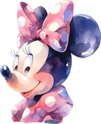 Hình ảnh Minnie Mouse hoạt hình đáng yêu vẽ màu nước, với nơ chấm bi hồng và áo chấm bi.