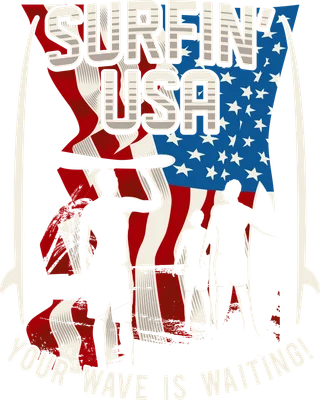 Thiết kế đồ họa nhóm người lướt sóng với cờ Mỹ và chữ Surfin USA phong cách vintage