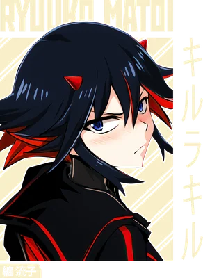 Hình ảnh Ryuko Matoi, nhân vật anime với mái tóc đen, sừng đỏ và trang phục đen đỏ, nhìn nghiêng với biểu cảm cá tính.
