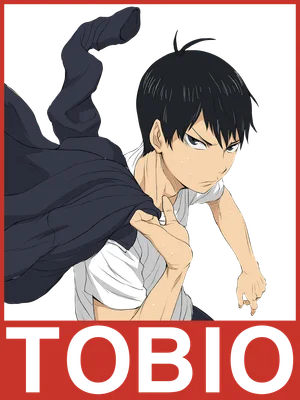 Hình ảnh nhân vật anime Tobio Kageyama trong Haikyuu, mặc áo trắng, khoác áo đen, biểu cảm quyết tâm.