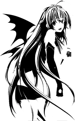 Hình ảnh cô gái anime tóc dài đen, đôi cánh dơi đen, biểu cảm quyến rũ, phong cách đồ họa đen trắng.