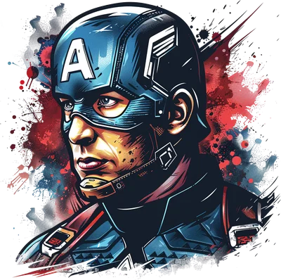 Hình minh họa Captain America với mũ xanh có chữ A, nền xám với vệt màu đỏ và xanh đậm chất truyện tranh.