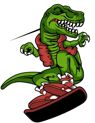 Hình minh họa khủng long T-Rex mặc áo khoác đỏ đang trượt ván phong cách hoạt hình năng động