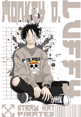 Hình vẽ Monkey D. Luffy ngồi khoanh chân, mặc áo sweater có logo One Piece, nền xám với chữ "Monkey D. Luffy" và "Straw Hat Pirates".