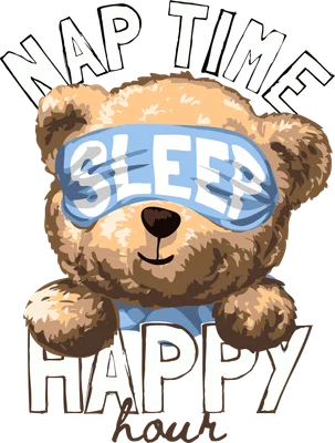 Hình ảnh gấu bông hoạt hình màu nâu đeo mặt nạ ngủ màu xanh có chữ SLEEP, phía trên có chữ NAP TIME, phía dưới chữ HAPPY hour.