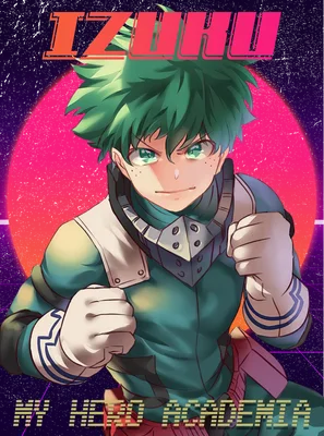 Nhân vật Izuku Midoriya từ My Hero Academia, tóc xanh, mắt xanh, mặc trang phục anh hùng, nắm chặt tay, nền retro hồng tím.