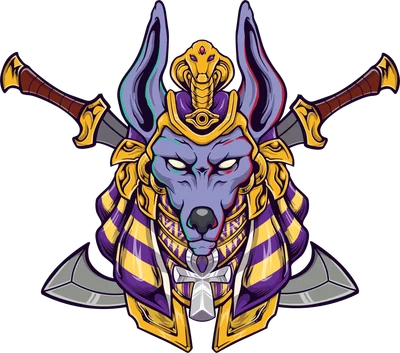 Hình ảnh thần Anubis đầu chó đội mũ vàng, đeo trang sức Ai Cập, có rắn hổ mang và hai thanh kiếm.