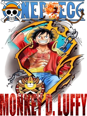 Hình ảnh Monkey D. Luffy với nụ cười tươi, trang phục đỏ xanh, biểu tượng Going Merry và logo One Piece.