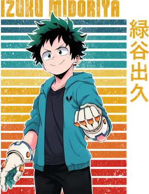 Nhân vật anime Izuku Midoriya (Deku) với mái tóc xanh, mặc áo khoác xanh, đeo găng tay trắng cam, đứng trên nền sọc ngang màu vàng, xanh dương, cam, đỏ.