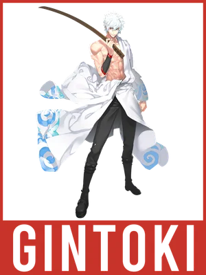 Hình ảnh Gintoki, nhân vật anime với mái tóc trắng, mặc áo khoác trắng, cầm kiếm, trên nền xám.
