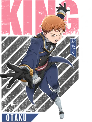 Hình ảnh nhân vật King trong anime, mặc trang phục quân đội màu xanh navy, tay giơ ra phía trước, biểu cảm quyết tâm.