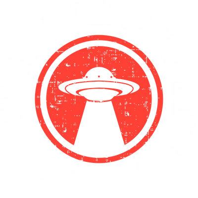 Hình ảnh đĩa bay UFO màu đỏ bên trong vòng tròn, bao quanh bởi chữ 'YOUR COMFORT ZONE IS YOUR ENEMY' màu trắng phong cách grunge.