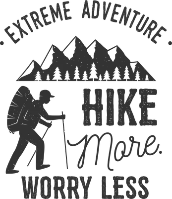Hình ảnh người leo núi với ba lô, gậy, trên nền núi và rừng cây, kèm dòng chữ "Hike More Worry Less"