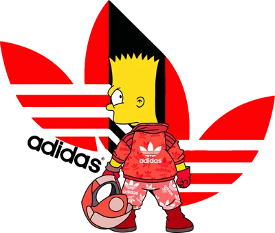 Hình vẽ Bart Simpson mặc đồ Adidas đỏ, cầm mũ bảo hiểm, trên nền logo Adidas lớn.