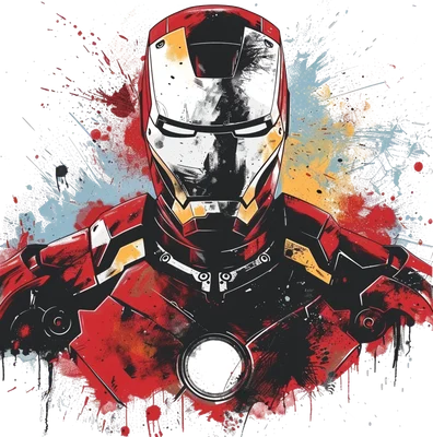 Hình ảnh Iron Man với bộ giáp đỏ vàng, hiệu ứng màu nước và vết mực bắn tung tóe trên nền xám.