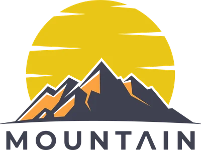 Biểu tượng núi non hùng vĩ dưới ánh mặt trời vàng rực, có chữ "MOUNTAIN" bên dưới.