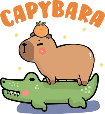 Hình vẽ hoạt hình capybara màu nâu dễ thương đội quả cam trên đầu, đang cưỡi một con cá sấu màu xanh lá cây. Nền màu xám với chữ CAPYBARA màu cam.
