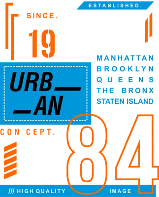 Hình ảnh thiết kế đồ họa "Urban New York City 1984" với các quận của New York và các yếu tố retro.