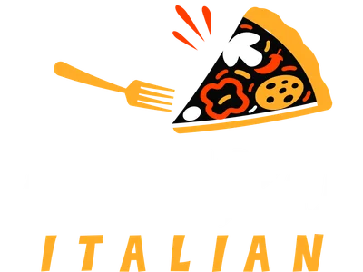 Logo "Pizza ITALIAN" với hình lát cắt pizza đầy màu sắc, dao và nĩa.