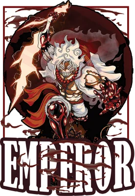 Hình ảnh Monkey D. Luffy trong trạng thái Gear 5, tóc trắng, mắt đỏ, tay cầm tia sét, chữ "EMPEROR" bên dưới.
