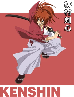 Hình ảnh Kenshin Himura, nhân vật anime với mái tóc đỏ, mặc áo đỏ và quần trắng, tay cầm kiếm.